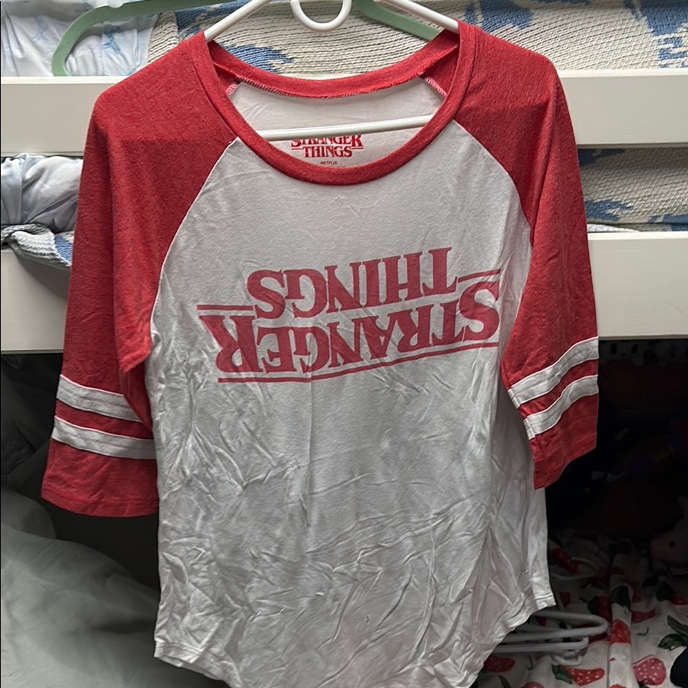 Red and white thin stranger things t shirt